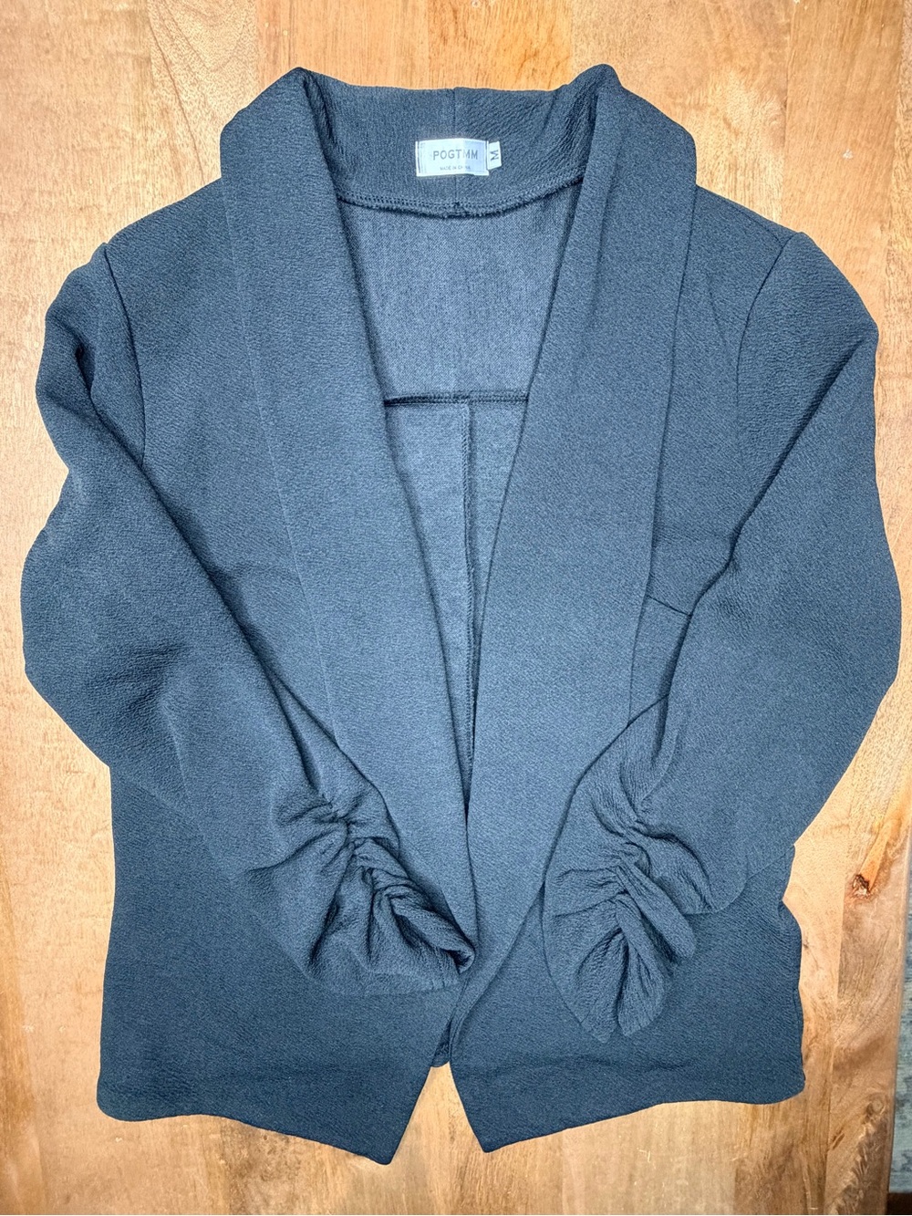 PGST Open-Front Black Women's Cardigan with Ruched Sleeves